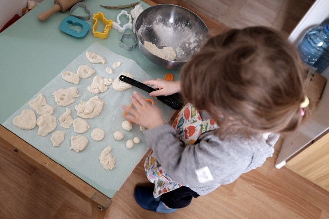 toddler making playdough Ikea bowl